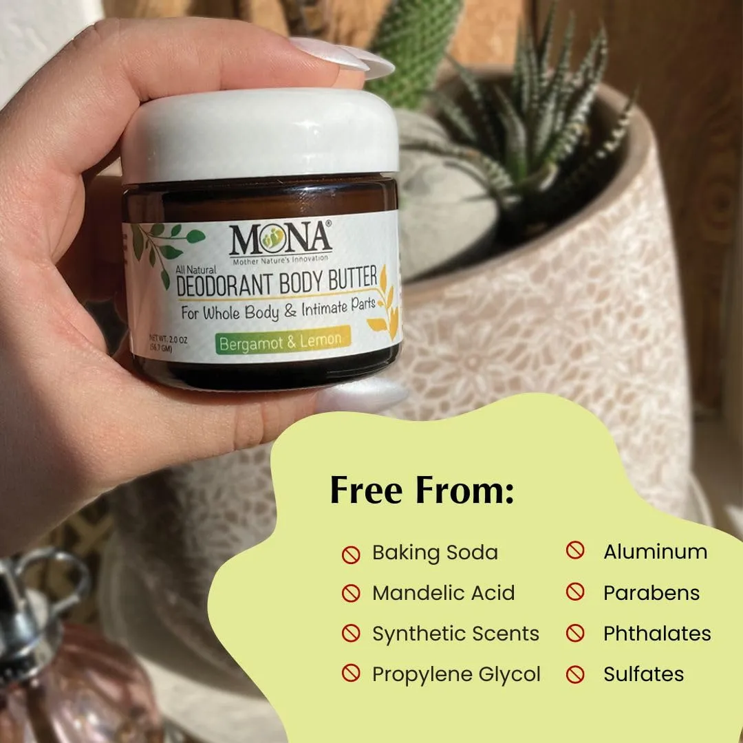 MONA All Natural Whole Body Deodorant Cream for Women & Men | For Private Parts | Aluminum & Baking Soda Free with Natural Fragrance | Bergamot & Lemon 2.0 oz (Pack of 1)