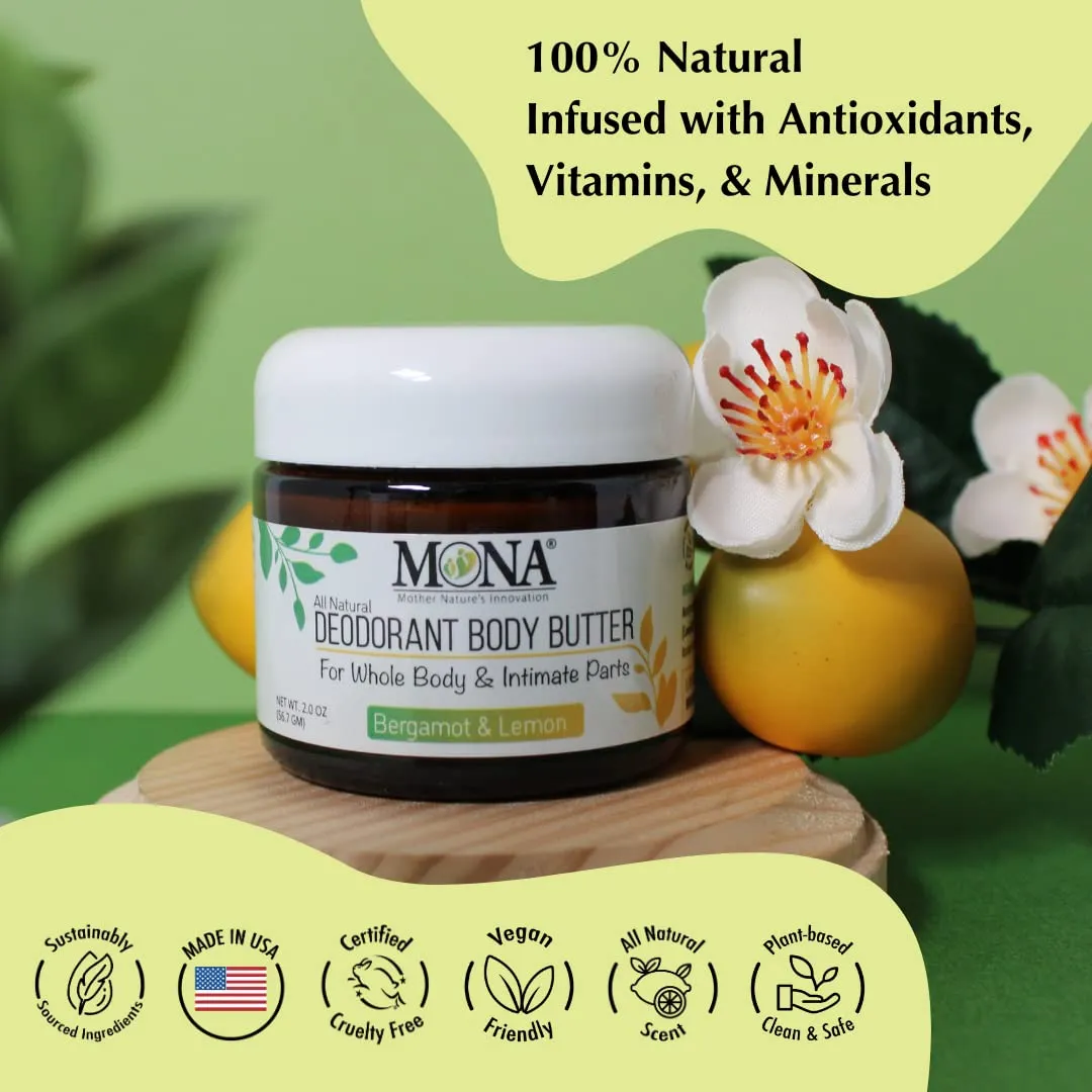MONA All Natural Whole Body Deodorant Cream for Women & Men | For Private Parts | Aluminum & Baking Soda Free with Natural Fragrance | Bergamot & Lemon 2.0 oz (Pack of 1)