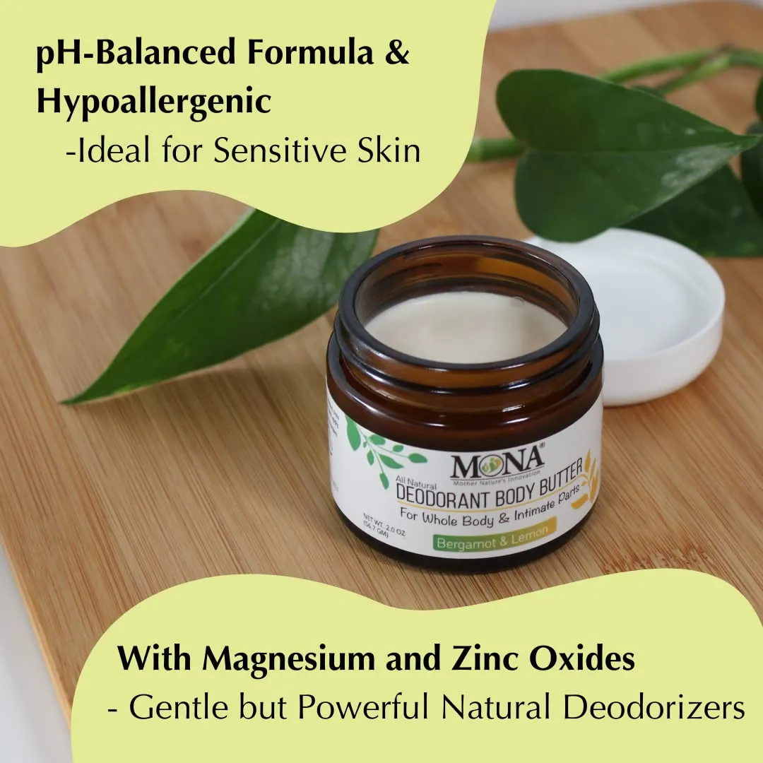 MONA All Natural Whole Body Deodorant Cream for Women & Men | For Private Parts | Aluminum & Baking Soda Free with Natural Fragrance | Bergamot & Lemon 2.0 oz (Pack of 1)