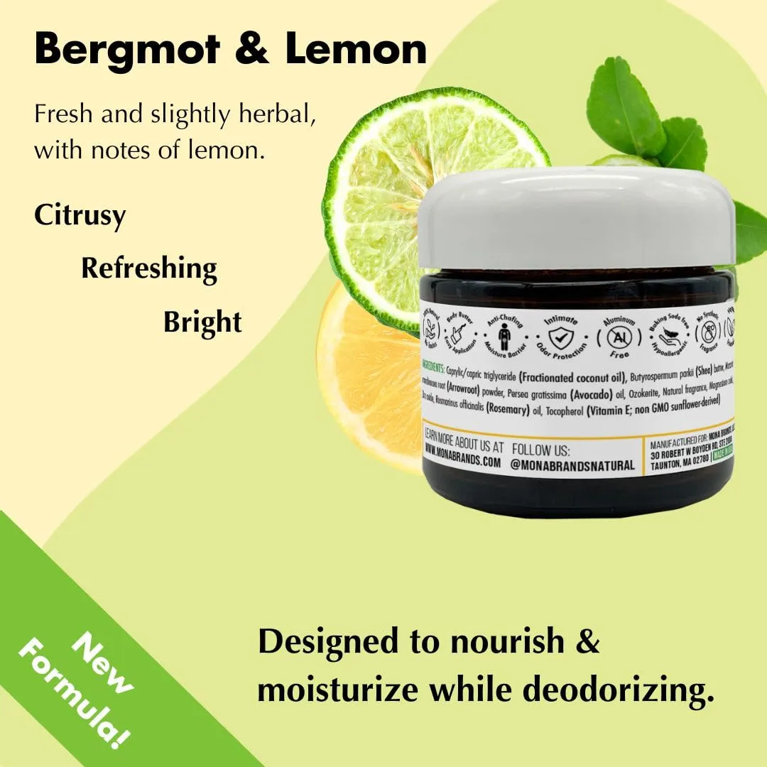 MONA All Natural Whole Body Deodorant Cream for Women & Men | For Private Parts | Aluminum & Baking Soda Free with Natural Fragrance | Bergamot & Lemon 2.0 oz (Pack of 1)