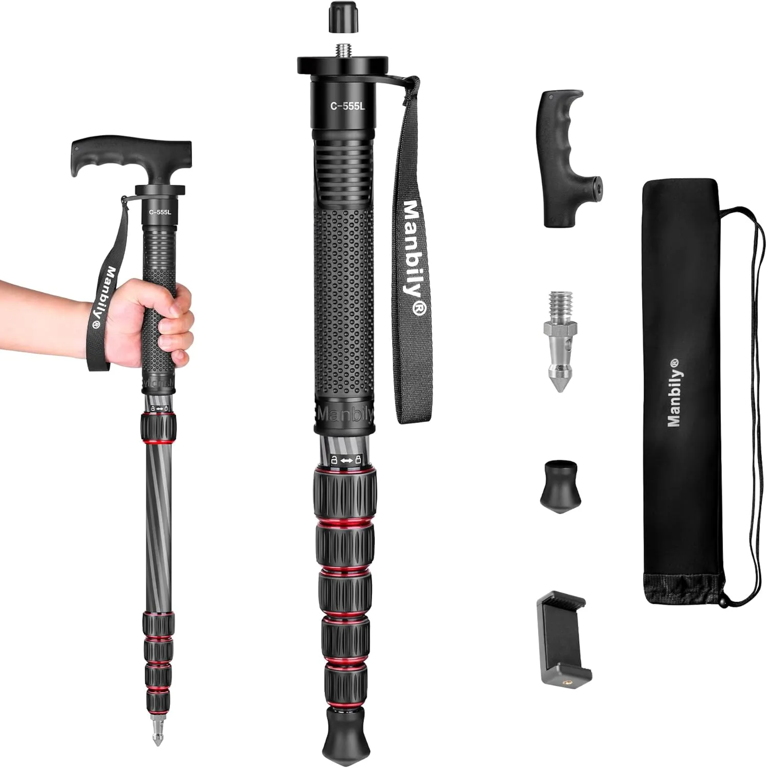 Monopod for Camera, Manbily Camera Carbon Fiber Portable Compact Lightweight Travel Monopod with Walking Stick Handle for DSLR Canon Nikon Sony Video Camcorder (Carbon Fiber, Red&Black)