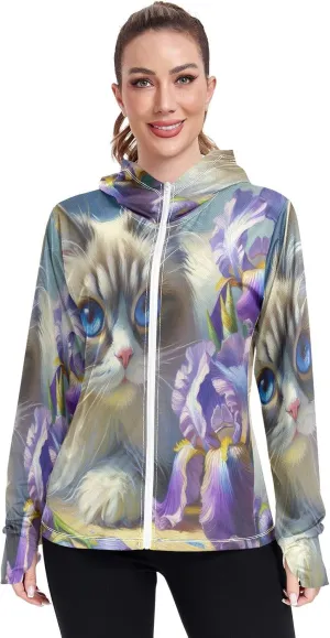Moon Sleeping Sloth Sun Hoodie Women, Upf 50  Zip Workout Jacket, Cooling Shirt Women