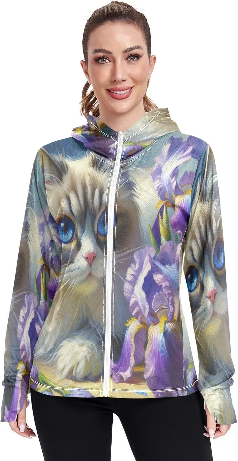 Moon Sleeping Sloth Sun Hoodie Women, Upf 50  Zip Workout Jacket, Cooling Shirt Women