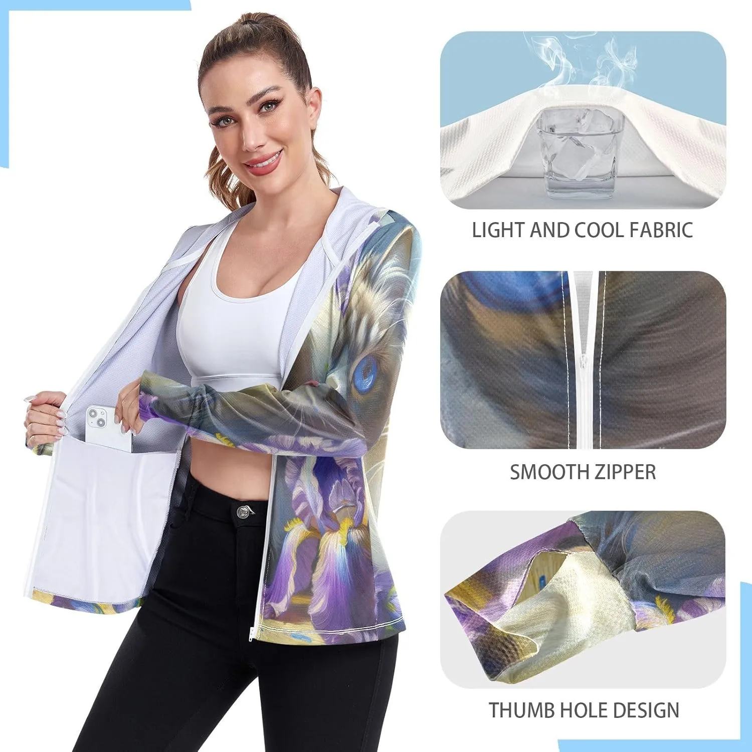 Moon Sleeping Sloth Sun Hoodie Women, Upf 50  Zip Workout Jacket, Cooling Shirt Women