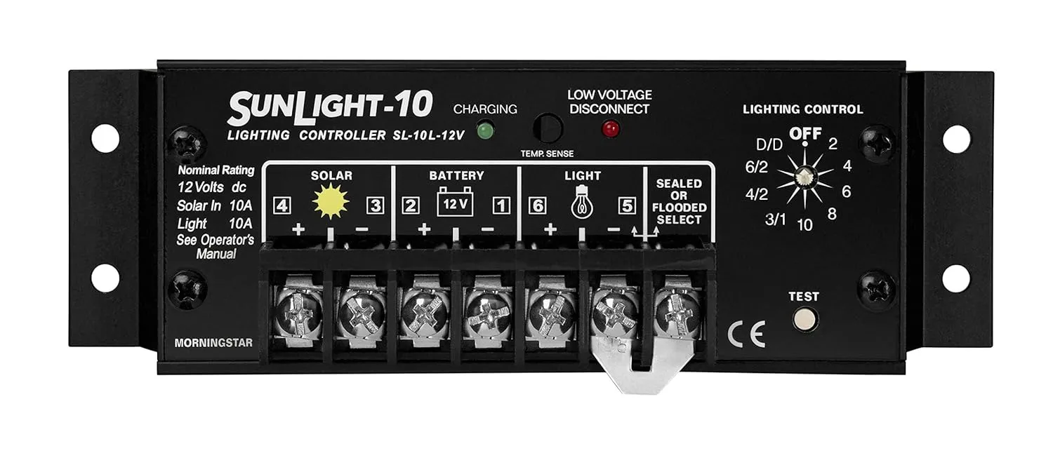 Morningstar Sunlight 10A Solar Charge Controller (SL-10L-12V) - Solar Panel Regulator for 12 Volt Batteries, Lighting Ctrl, Easy Setup, Corrosion Resistant Terminals, 5 Year WTY - Designed in The USA