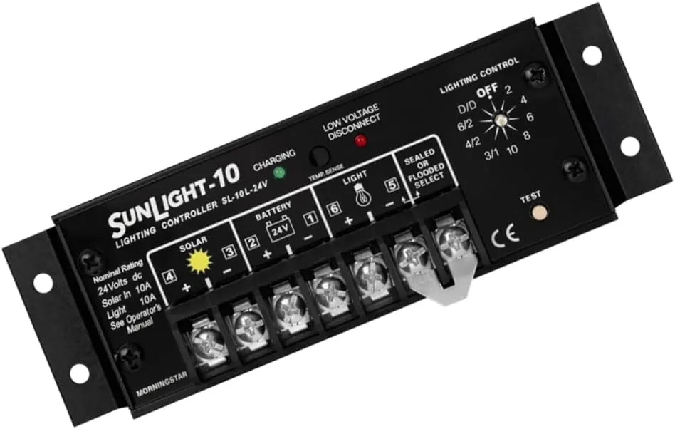 Morningstar Sunlight 10A Solar Charge Controller (SL-10L-24V) - Solar Panel Regulator for 24 Volt Batteries, Lighting Ctrl, Easy Setup, Corrosion Resistant Terminals, 5 Year WTY - Designed in The USA