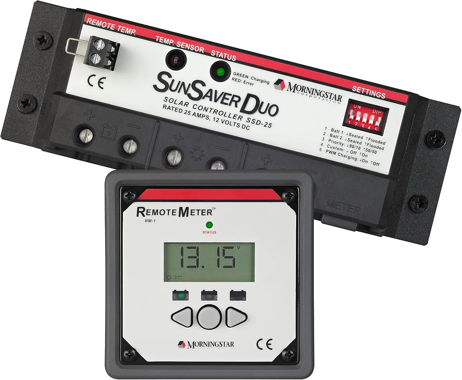 Morningstar SunSaver Duo 25A PWM Solar Charge Controller (SSD-25) - Solar Panel Regulator for Two 12V Batteries, Adjustable Charge Settings, Great for RVs/Boats, 5 Year WTY - Designed in The USA