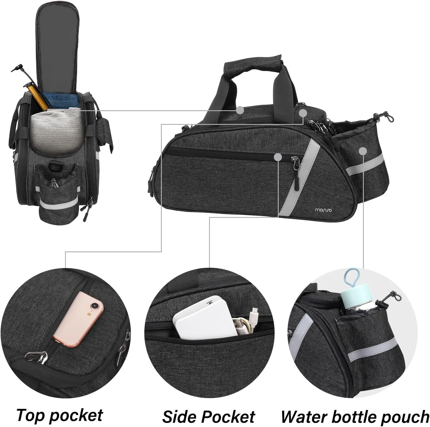 MOSISO Bike Rack Bag, Waterproof Bicycle Trunk Pannier Rear Seat Handbag Cycling Bike Carrier Reflective Backseat Cargo Storage Luggage Saddle Shoulder Bag with Water Bottle Holder&Handle
