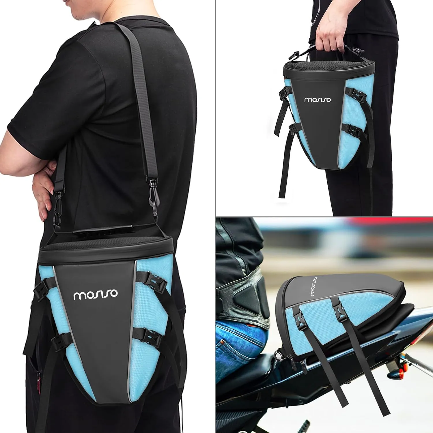 MOSISO Motorcycle Tail Bag Multifunctional Waterproof Polyester Storage Saddle Bag, 10L Outdoor Sports Motorbike Rear Seat Light Tank Handbag Tool Carry Pouch with Shoulder Strap, Ice Blue