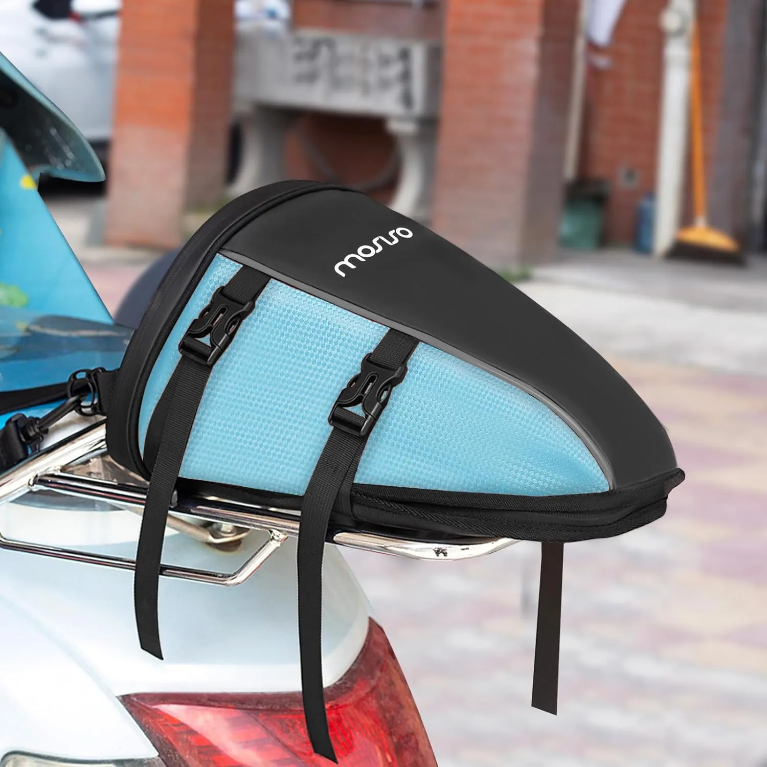 MOSISO Motorcycle Tail Bag Multifunctional Waterproof Polyester Storage Saddle Bag, 10L Outdoor Sports Motorbike Rear Seat Light Tank Handbag Tool Carry Pouch with Shoulder Strap, Ice Blue