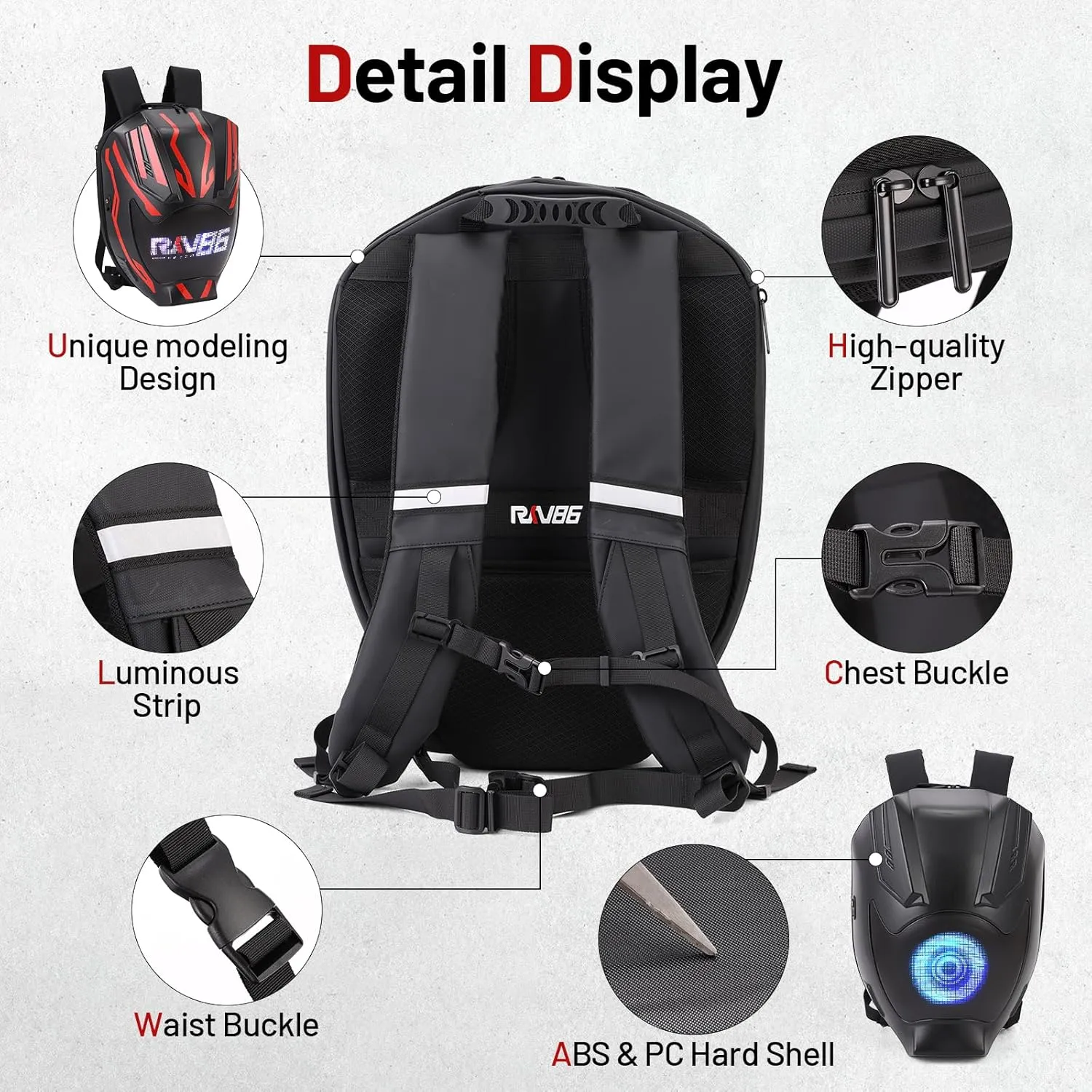 Motorcycle Backpack for Men LED Backpack, DIY Programming GIFs, Hard Shell, 40-55L Large Capacity and Waterproof Laptop Backpack