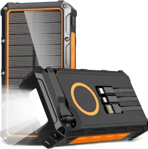 MQOUNY Solar Charger Power Bank,36000mAh Built in Hand Crank and 3 Cables 15W Fast Wireless Charger,Portable Power Bank 6 Outputs & 4 Inputs Solar Portable Charger,Flashlights, Compass