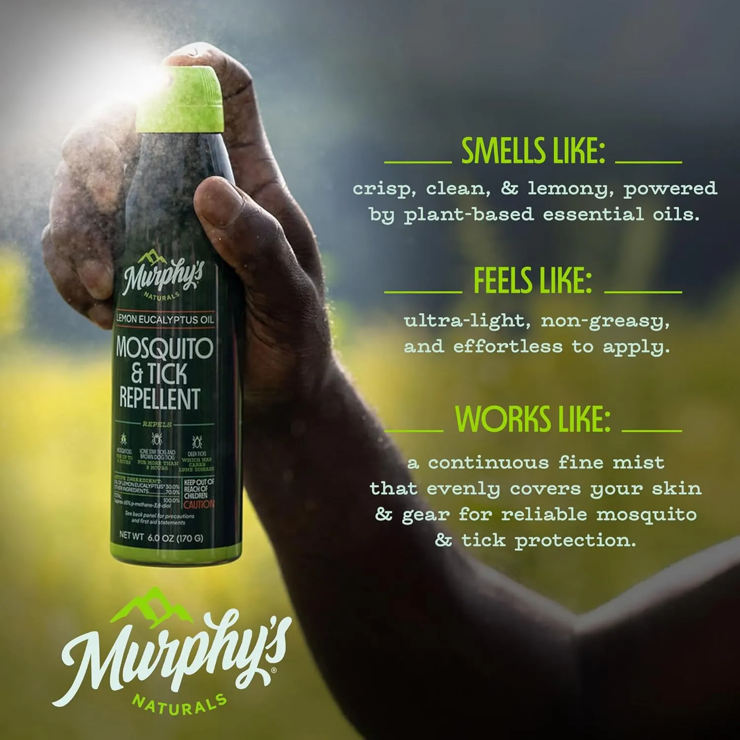 Murphy's Naturals Mosquito & Tick Bug Repellent Spray, Oil of Lemon Eucalyptus for Skin   Outdoor Gear, DEET-Free, 6 Ounce Mist, 2-Pack