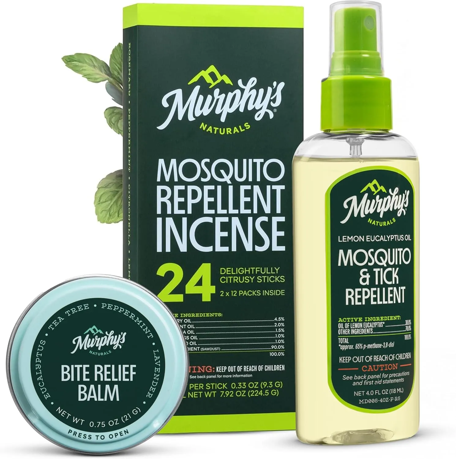 Murphy's Naturals Mosquito Repellent Incense Sticks 24-Pack   Bite Relief Balm 0.75 Tin   Mosquito & Tick Repellent Spray 4oz Bundle, DEET-Free