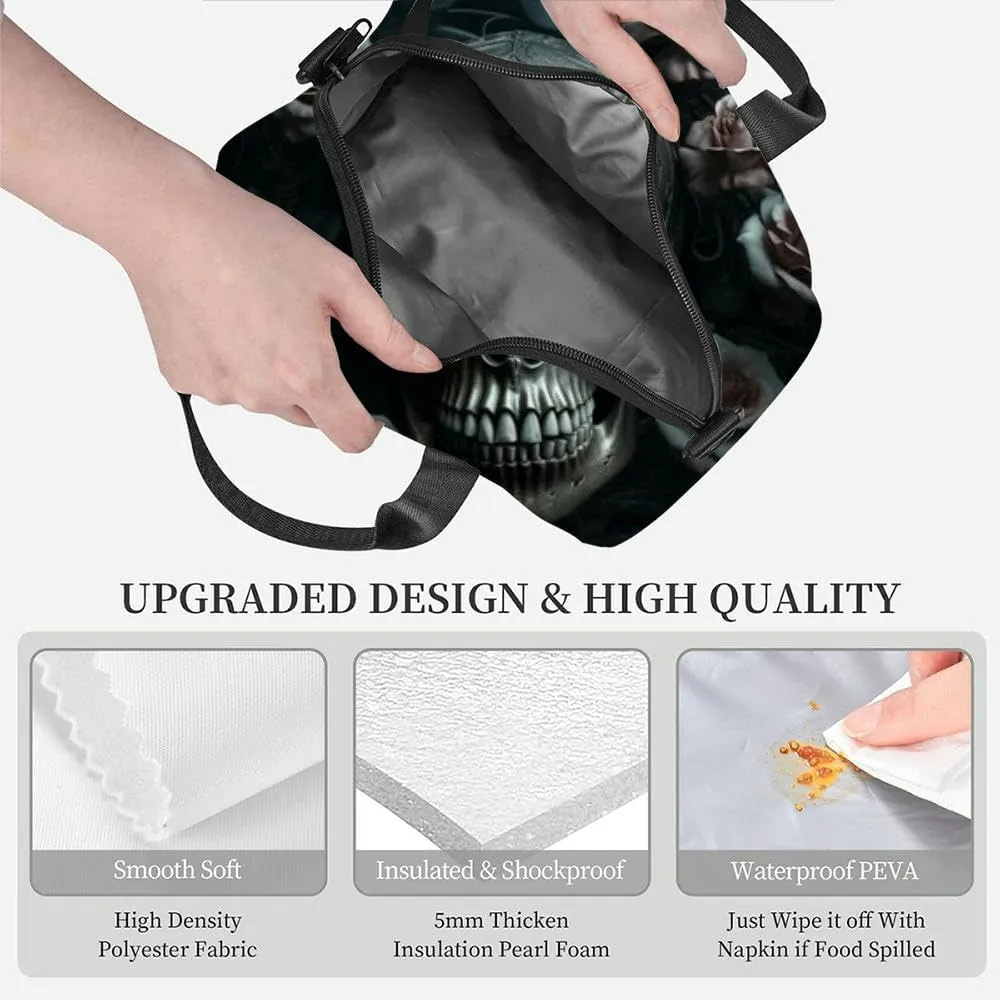 Mysterious skull surrounded by black roses depicting dark and moody Insulated Adult Lunch Bag with Shoulder Strap for Women Lightweight Reusable Portable Freezable Lunch Tote Bag for Work Picnic