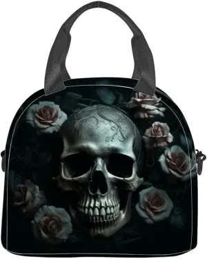 Mysterious skull surrounded by black roses depicting dark and moody Insulated Adult Lunch Bag with Shoulder Strap for Women Lightweight Reusable Portable Freezable Lunch Tote Bag for Work Picnic