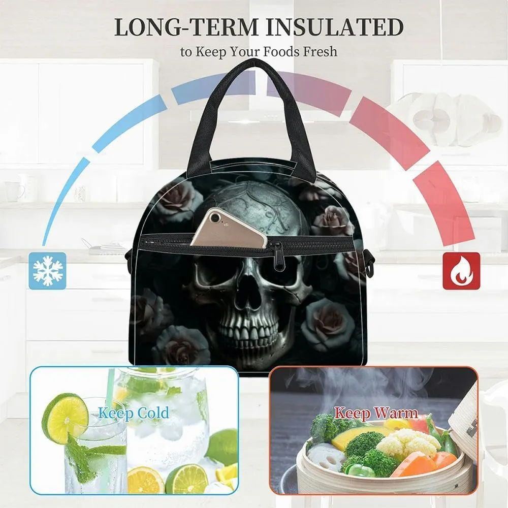 Mysterious skull surrounded by black roses depicting dark and moody Insulated Adult Lunch Bag with Shoulder Strap for Women Lightweight Reusable Portable Freezable Lunch Tote Bag for Work Picnic