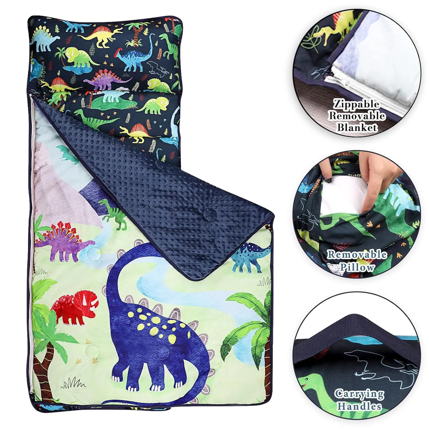 Nap Mat for Toddler Boys, Kids Sleeping Bag with Removable Pillows and Thicken Blanket, Baby Slumber Bags for Preschool, Kindergarten, Sleepovers Travel and Camping, Dinosaur 23x55inches