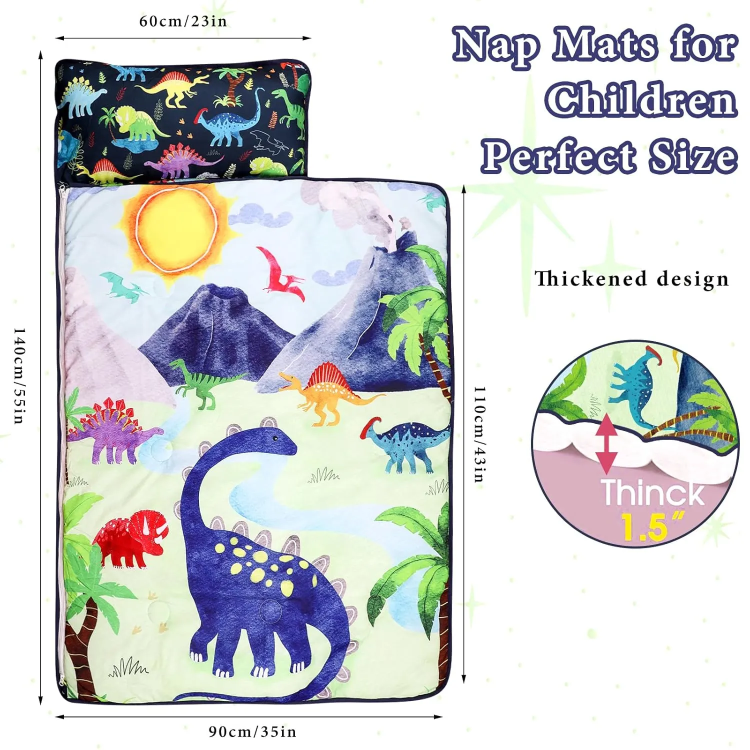 Nap Mat for Toddler Boys, Kids Sleeping Bag with Removable Pillows and Thicken Blanket, Baby Slumber Bags for Preschool, Kindergarten, Sleepovers Travel and Camping, Dinosaur 23x55inches