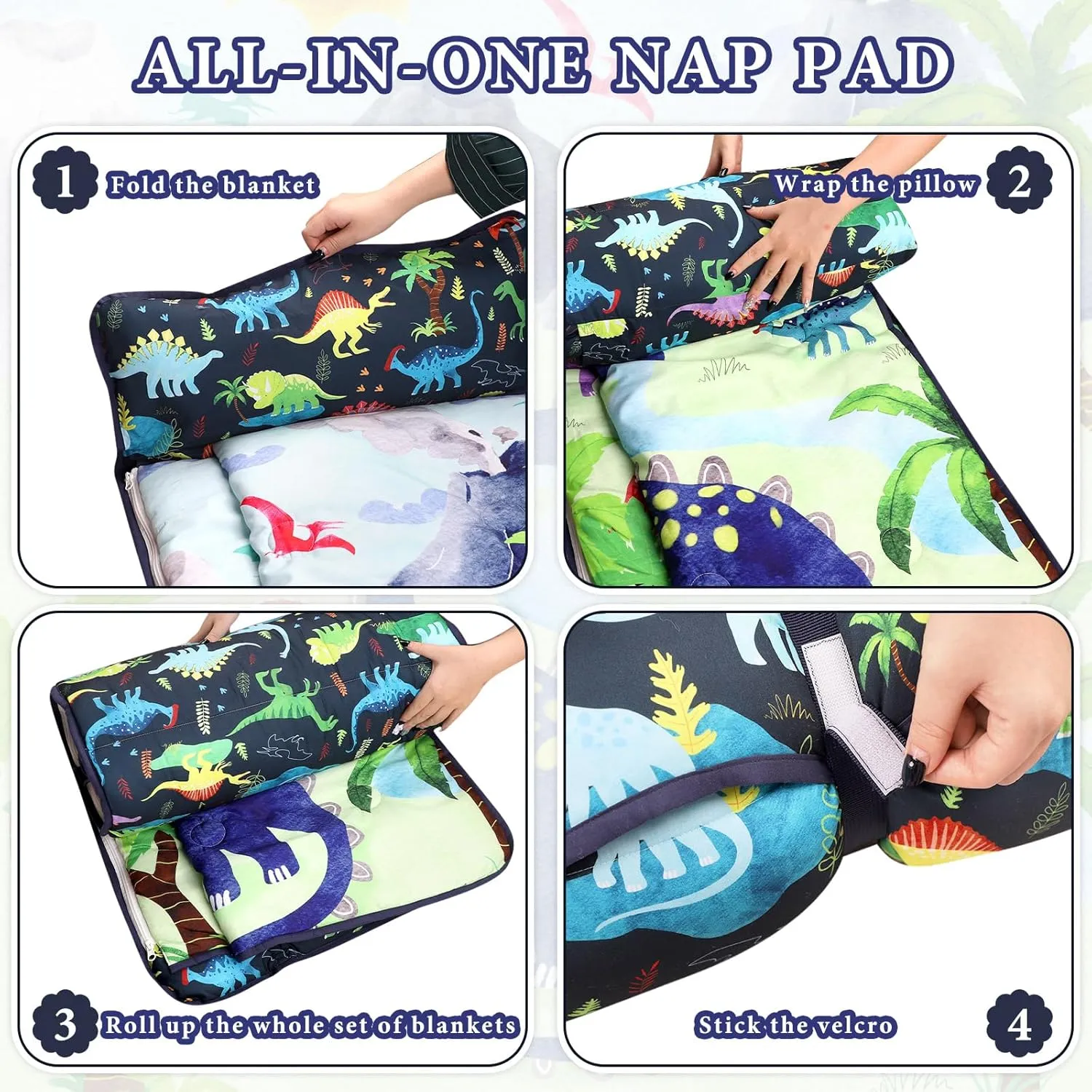 Nap Mat for Toddler Boys, Kids Sleeping Bag with Removable Pillows and Thicken Blanket, Baby Slumber Bags for Preschool, Kindergarten, Sleepovers Travel and Camping, Dinosaur 23x55inches