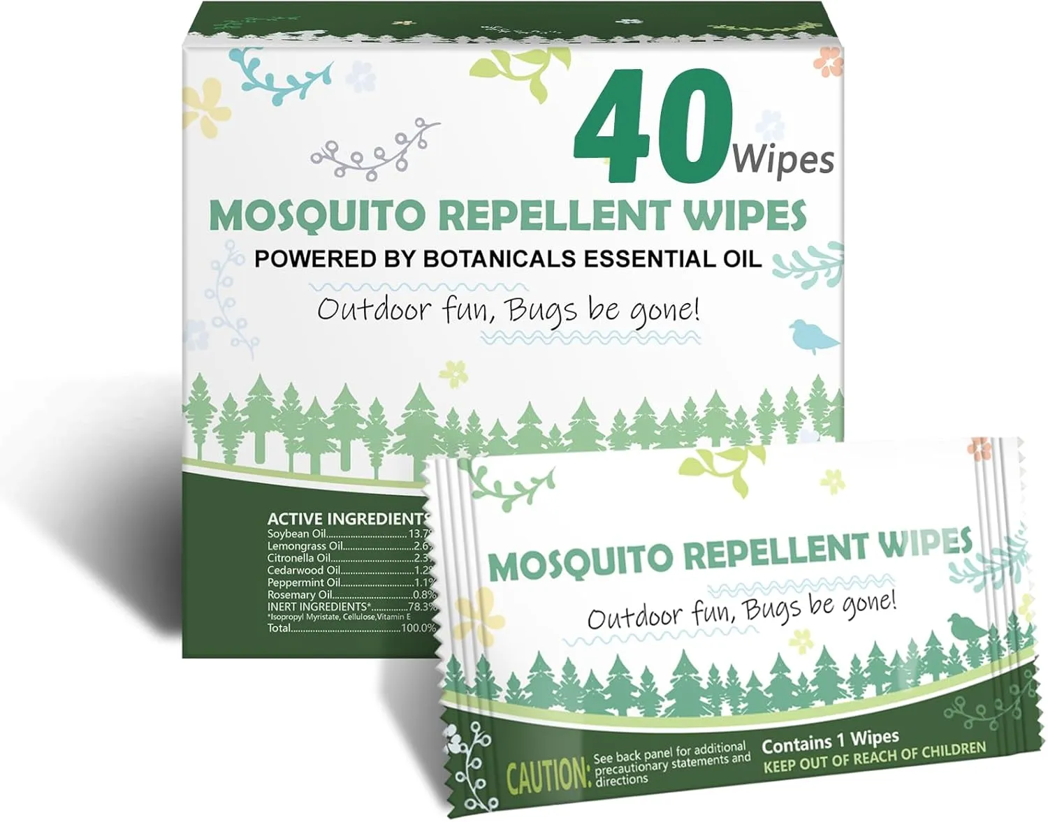 Natural Mosquito Repellent Wipes, DEET Free Insect & Bug Repellent Wipes, Easy to Use, Long Lasting, Travel Sized, 40 Packs