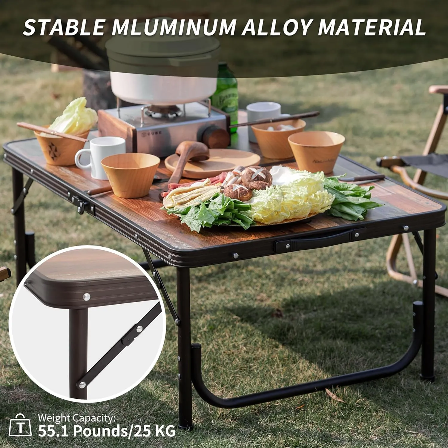 Naturehike Camping Folding Table, Small Portable Camping Side Tables with Adjustable Legs, Folding Beach Table with Carry Bag for Outdoor Camping, Cooking, BBQ, Travel - Wood