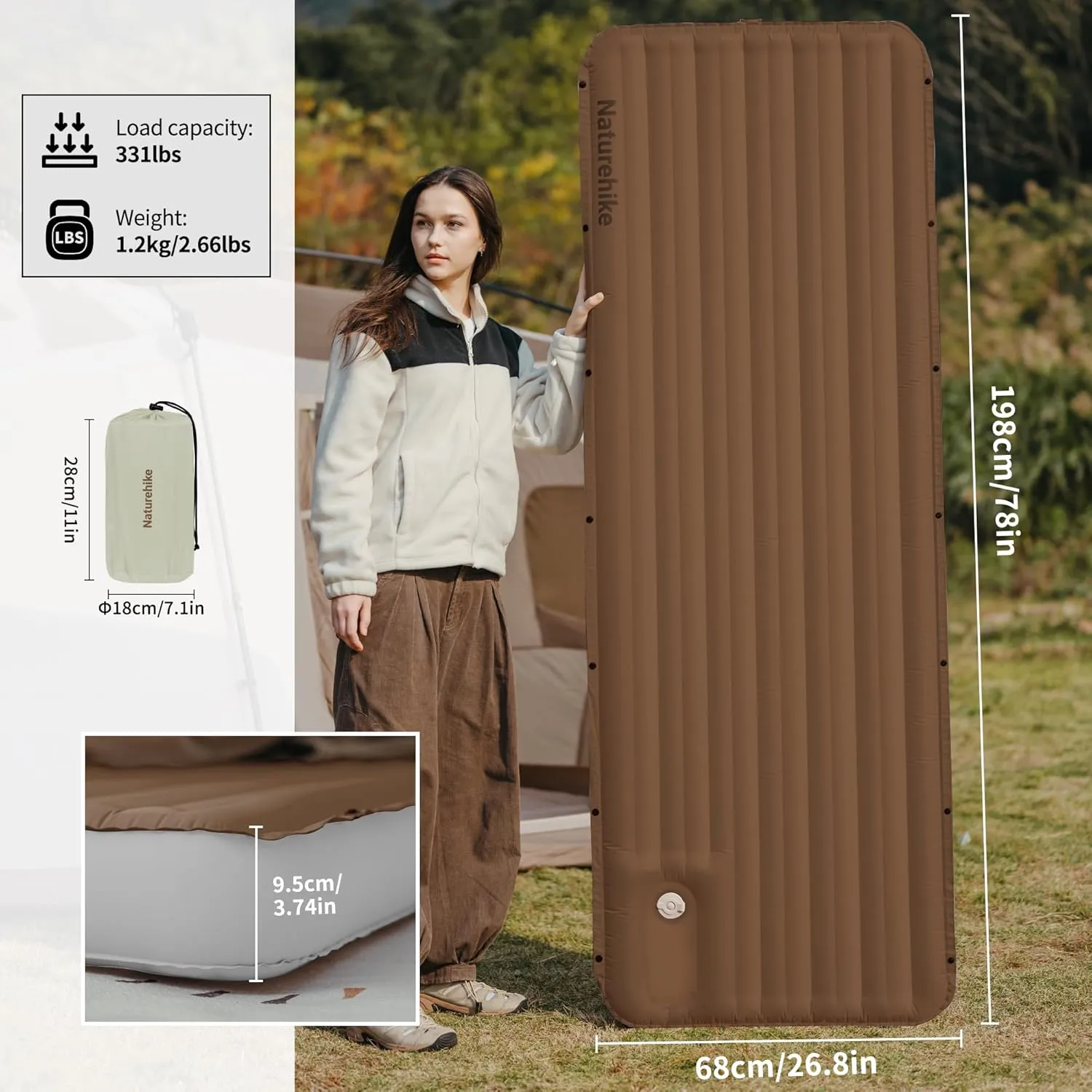 Naturehike Single Camping Mattress, Splicable Sleeping Pad with Foot Pump, 3.74" Thick Sleeping Mats with Strong Support for Travel, Car, Tent, Home