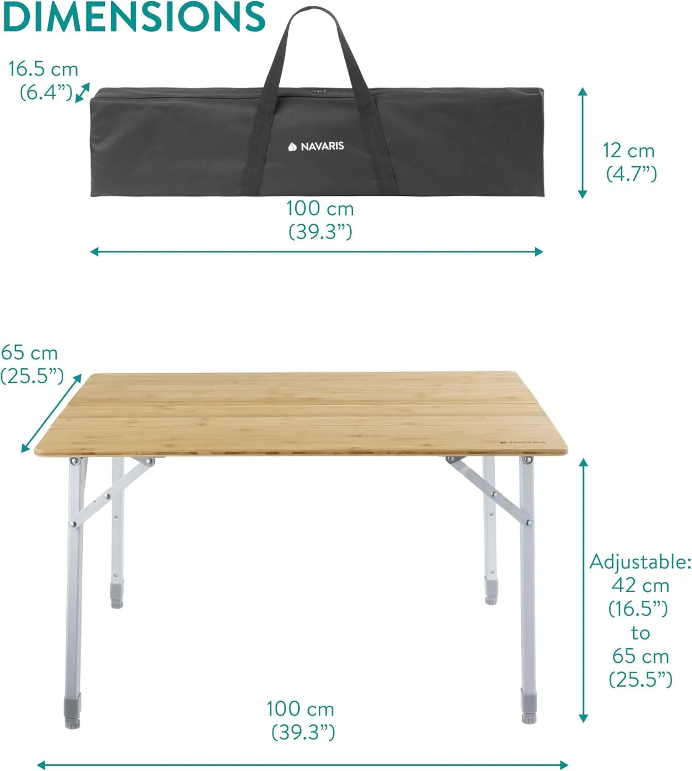 Navaris Bamboo Camping Table - Portable Folding Campervan Table - Picnic Tables That Fold Up - Foldable Fishing Table with Aluminium Telescopic Legs - Outdoor Foldaway Card Table