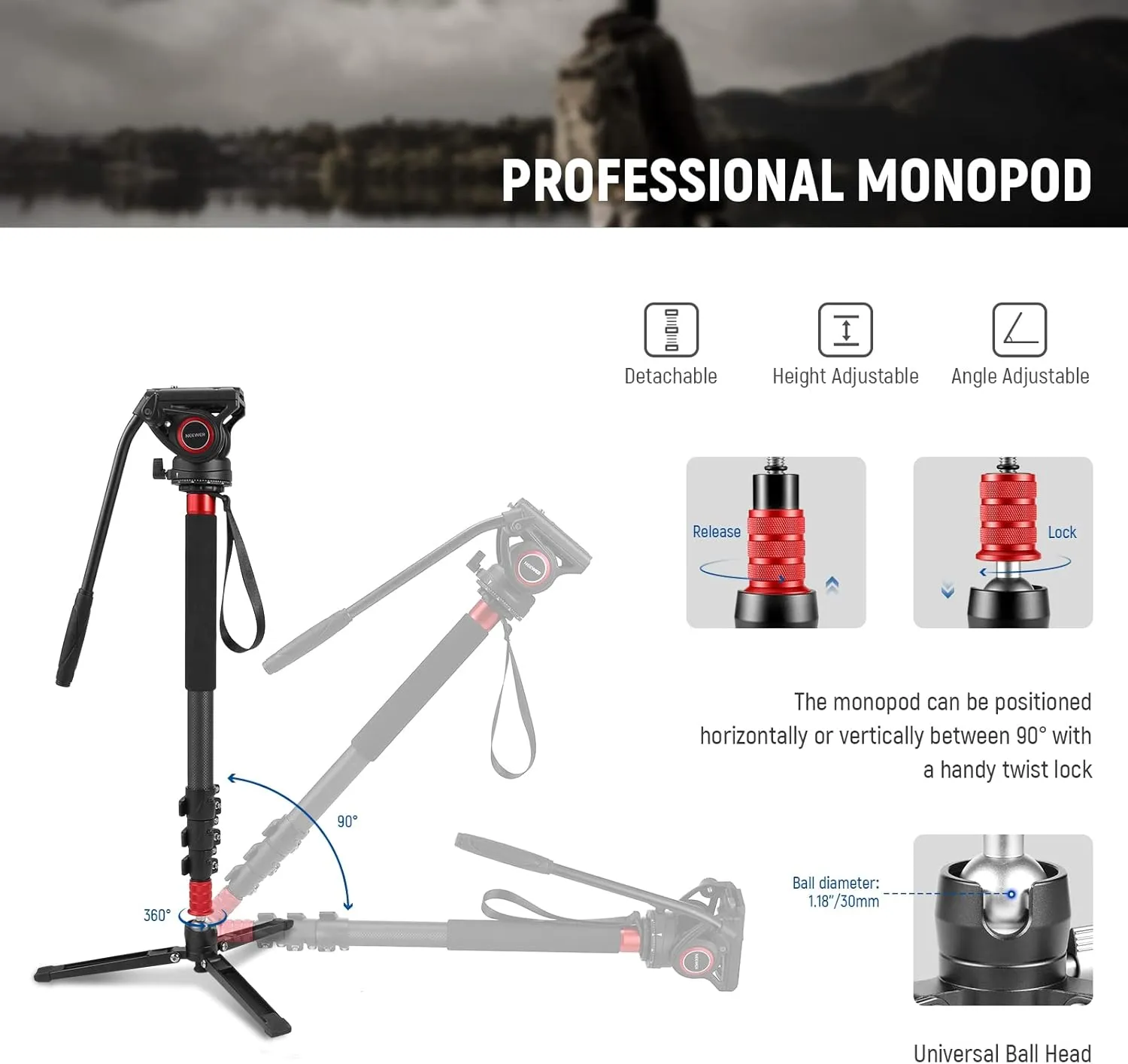 NEEWER 71.6" Pro Camera Monopod with Feet, Carbon Fiber Telescopic Video Monopod with QR Plate Compatible with DJI RS Gimbals, Removable Base for Camera Camcorder, Max Load 13.2lb/6Kg, TP71