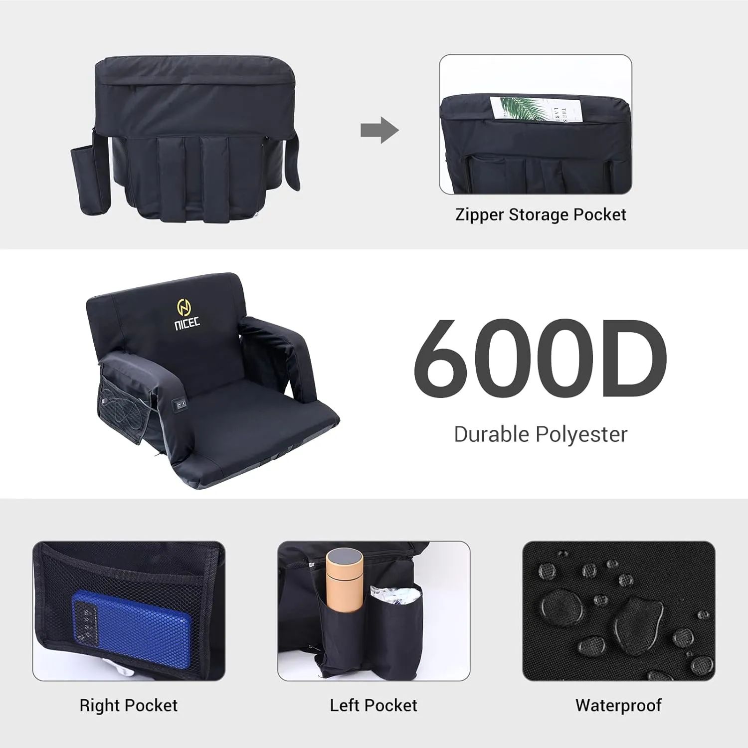 Nice C Heated Massage Stadium Seats, Floor Chair, Bleacher Chairs, Reclining Waterproof Cushion, Foldable, Thick Padding, with Shoulder Straps & Side Pockets