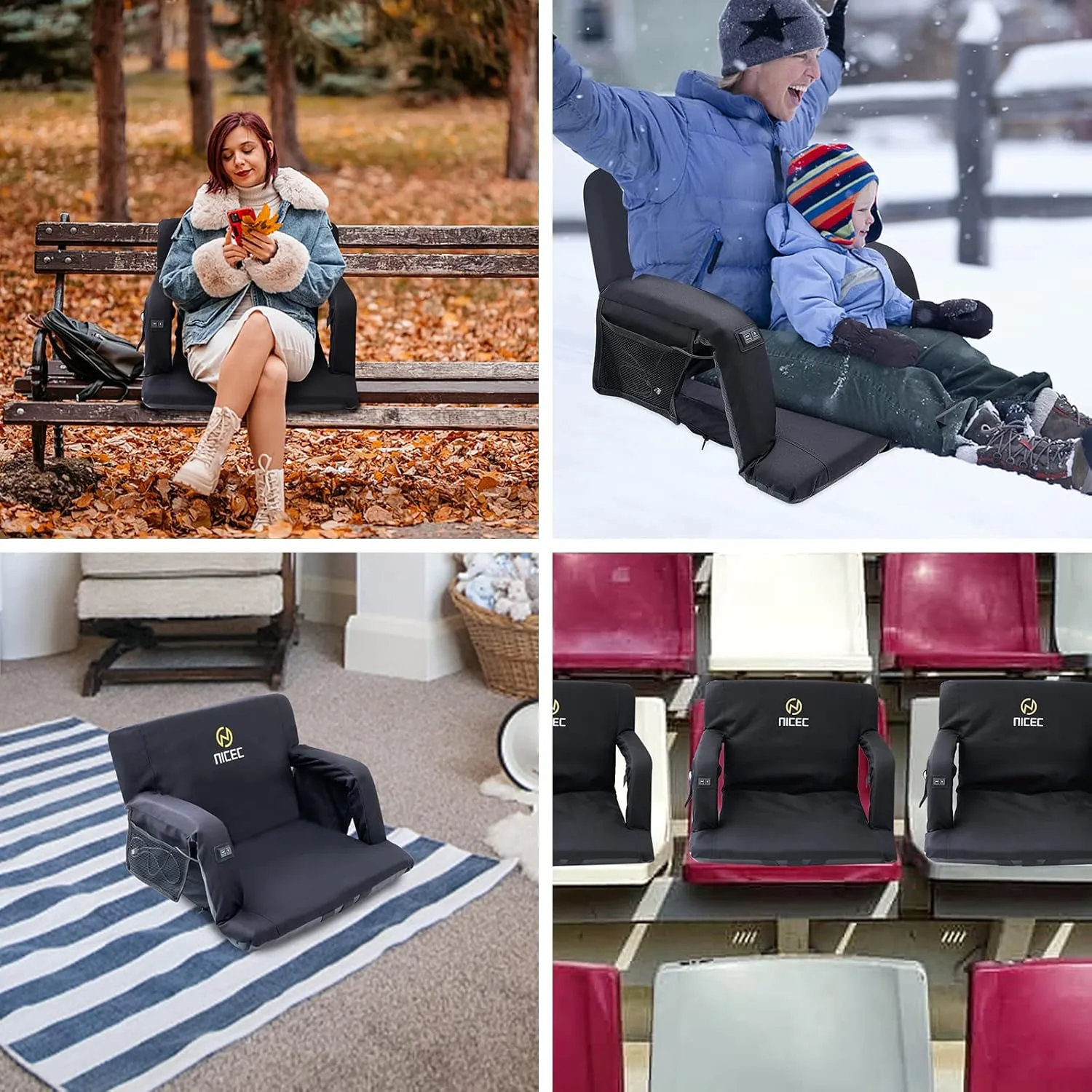 Nice C Heated Massage Stadium Seats, Floor Chair, Bleacher Chairs, Reclining Waterproof Cushion, Foldable, Thick Padding, with Shoulder Straps & Side Pockets