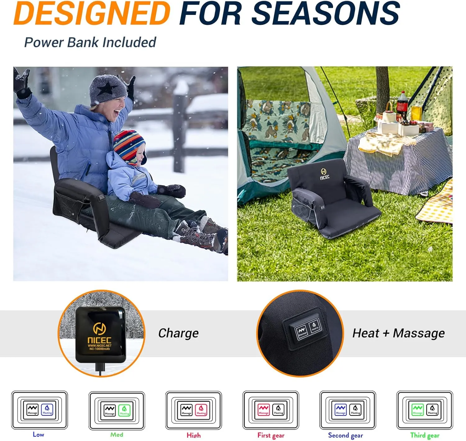 Nice C Heated Massage Stadium Seats, Floor Chair, Bleacher Chairs, Reclining Waterproof Cushion, Foldable, Thick Padding, with Shoulder Straps & Side Pockets