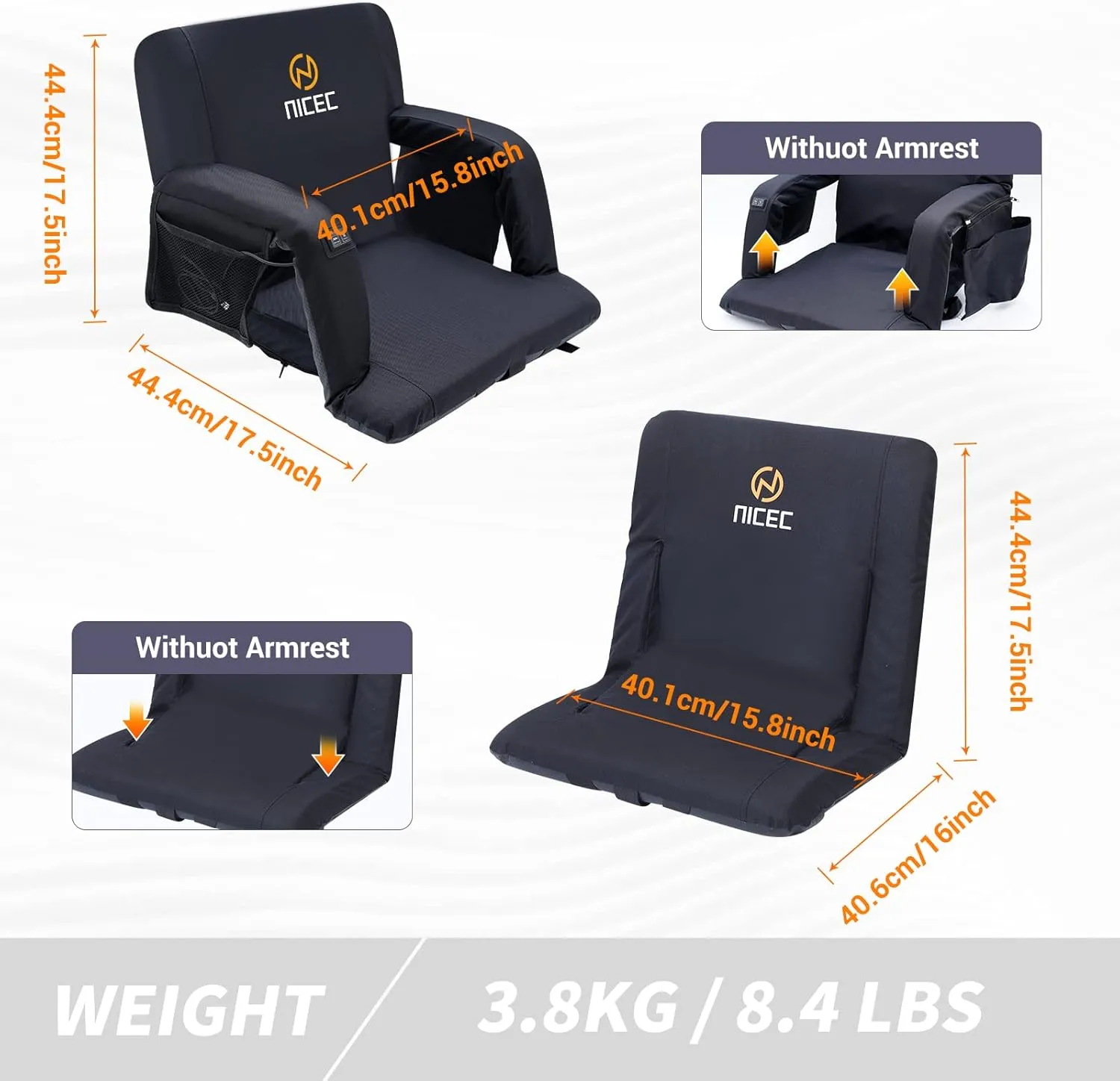 Nice C Heated Massage Stadium Seats, Floor Chair, Bleacher Chairs, Reclining Waterproof Cushion, Foldable, Thick Padding, with Shoulder Straps & Side Pockets