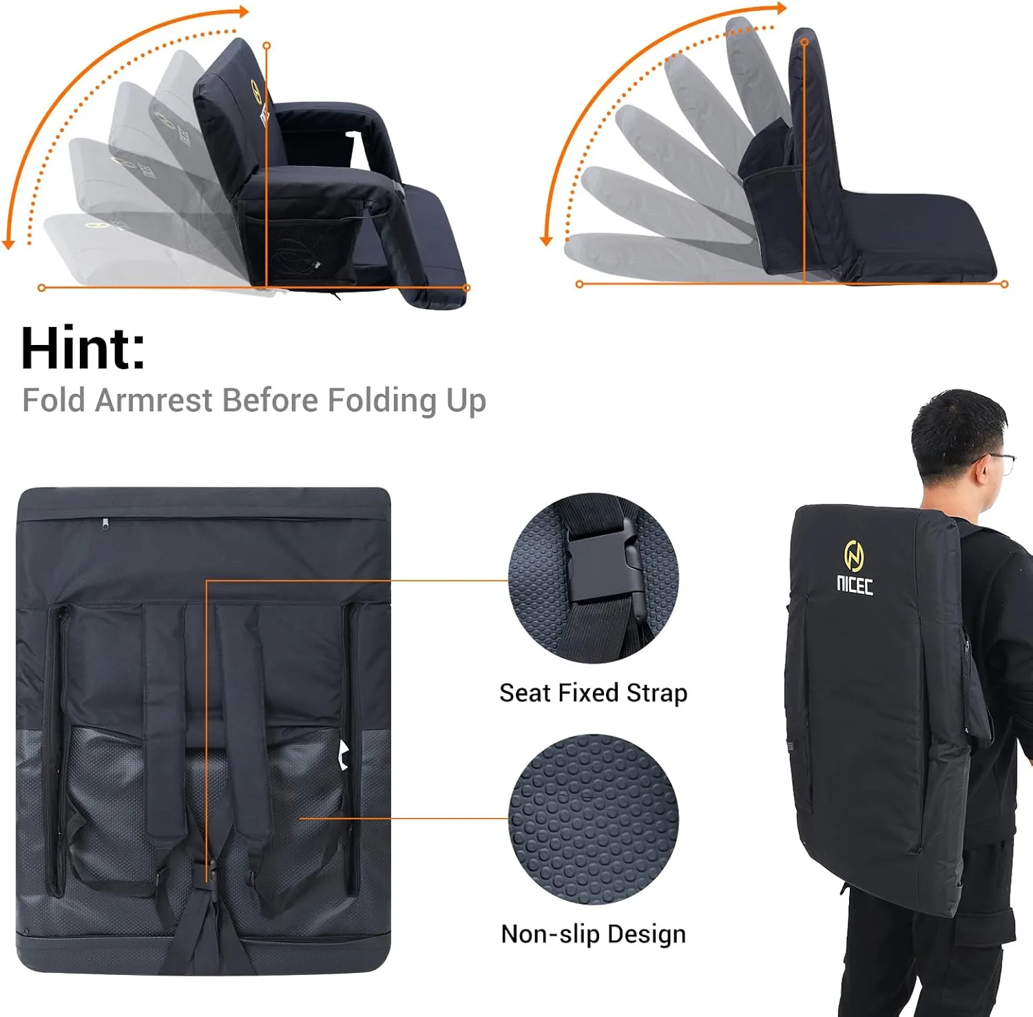Nice C Heated Massage Stadium Seats, Floor Chair, Bleacher Chairs, Reclining Waterproof Cushion, Foldable, Thick Padding, with Shoulder Straps & Side Pockets