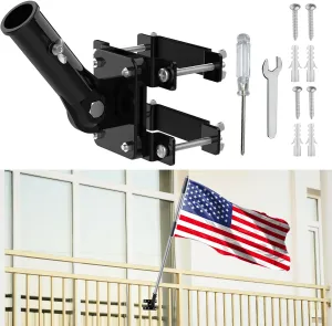 No Drilling Flag Pole holder for Railing, Flag Pole Mount Adjustable for Porch & Fence Rail, Apartment Balcony, Flag Pole Holder with Silicone Pads, Two Installation Methods for 1” Flagpole（black)