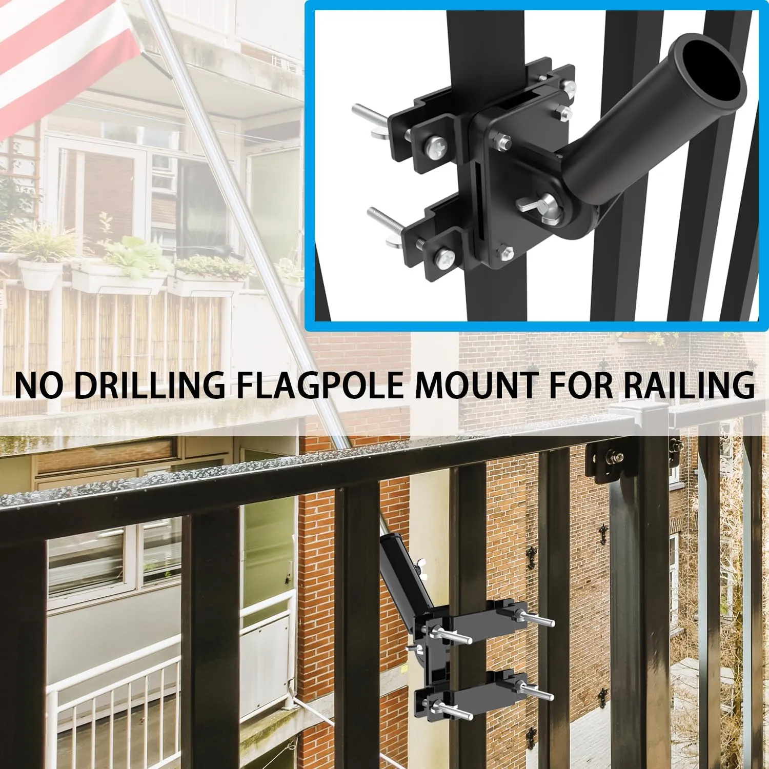 No Drilling Flag Pole holder for Railing, Flag Pole Mount Adjustable for Porch & Fence Rail, Apartment Balcony, Flag Pole Holder with Silicone Pads, Two Installation Methods for 1” Flagpole（black)