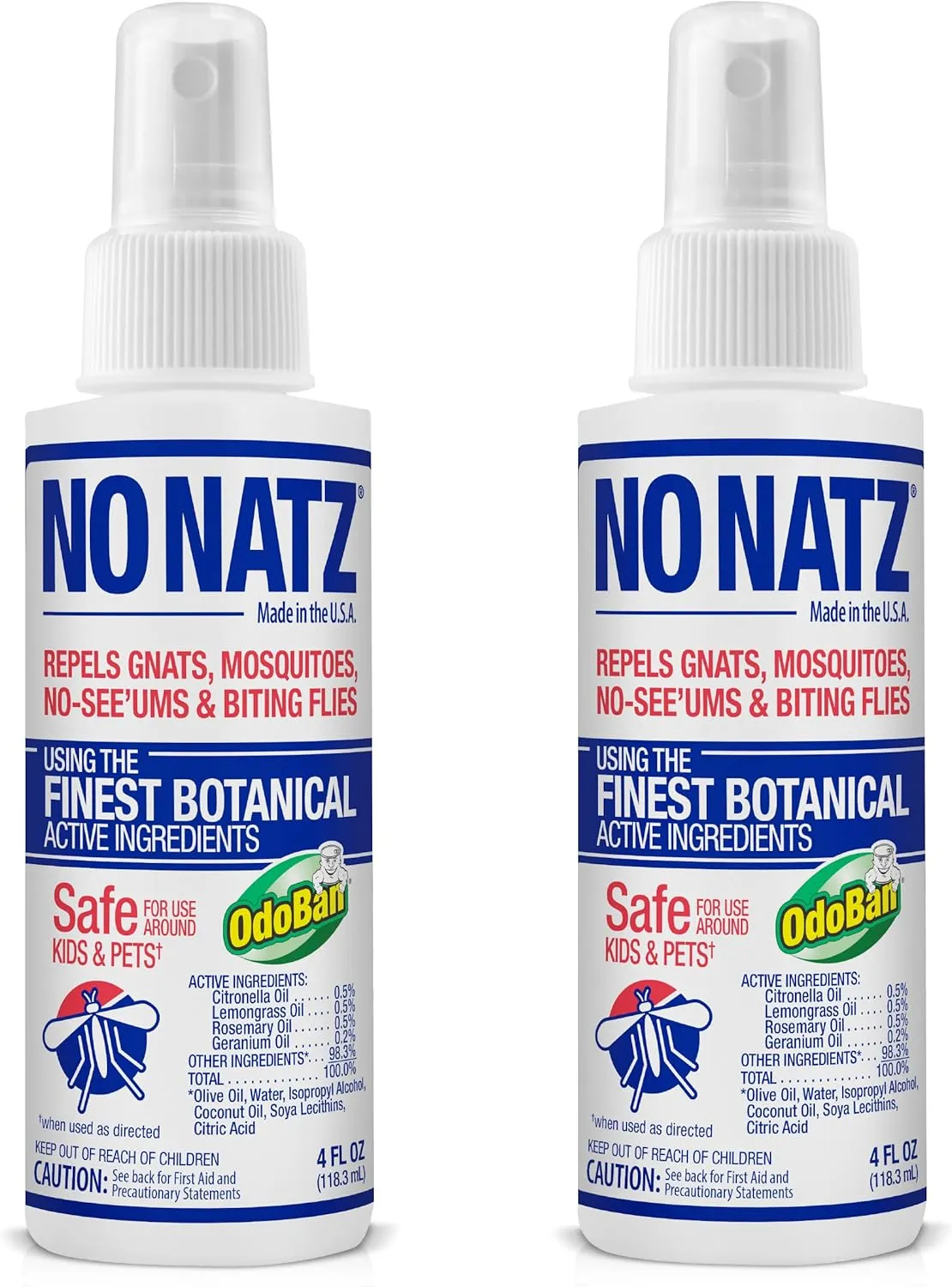 No Natz Botanical Bug Repellant, Effective for Gnat, Mosquito, and Biting Flies, Hand-Crafted and DEET-Free, Non-Greasy Formula, 4 Ounce Spray Bottle, 2-Pack