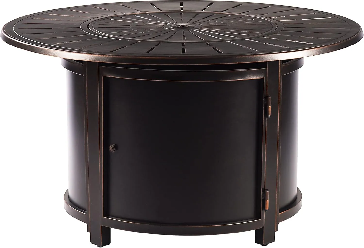 Oakland Living Aluminum 57,0000 BTU 44 in. Round Propane Black Fire Pit Table with Fire Beads, Lid, Propane Tank Cover and Table Fabric Covers in Copper Finish, (AZNOBU-FPT-AC)