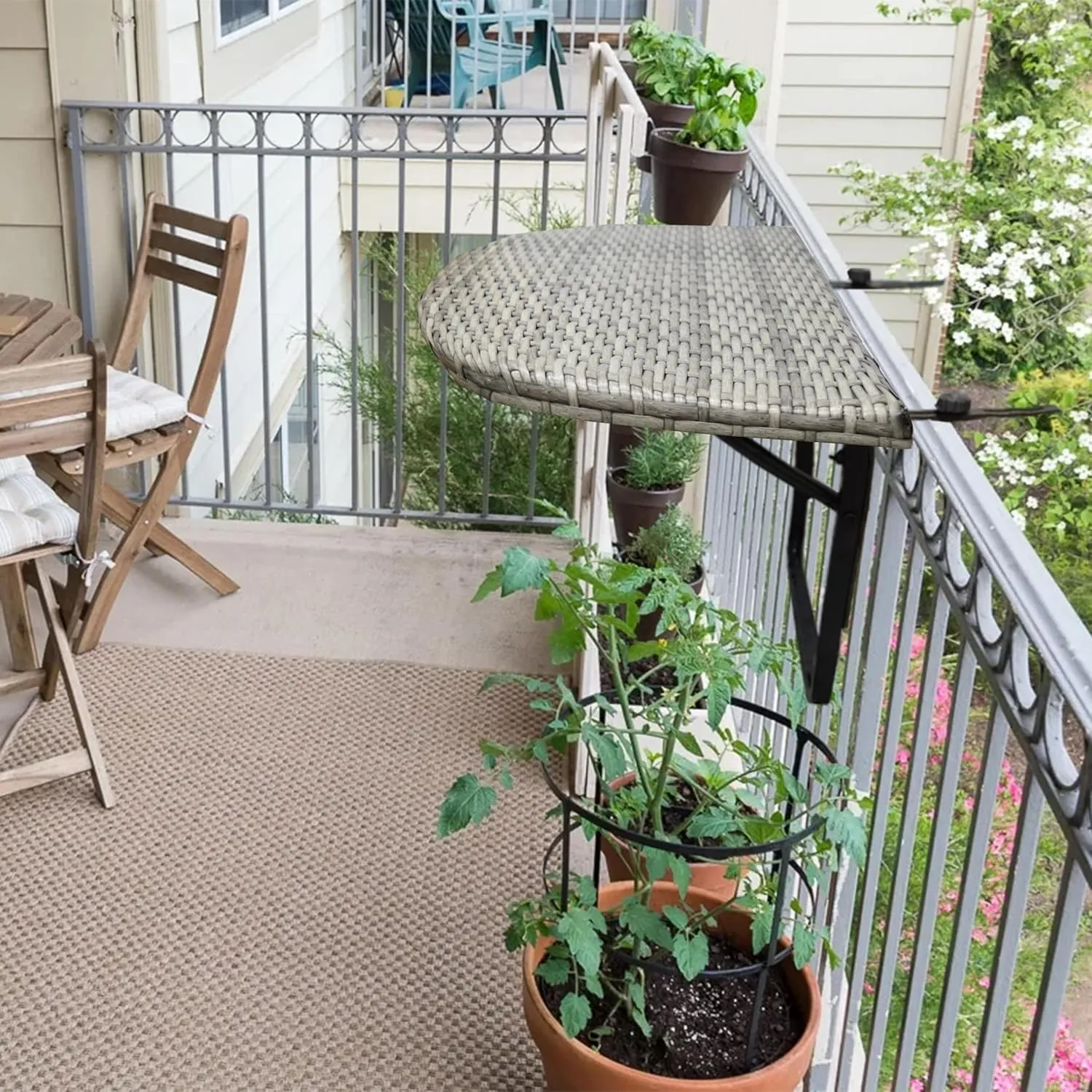 Oakland Living Tan Indoor and Outdoor Foldable Wicker Balcony Table with Metal Frame and Adjustable Clamps