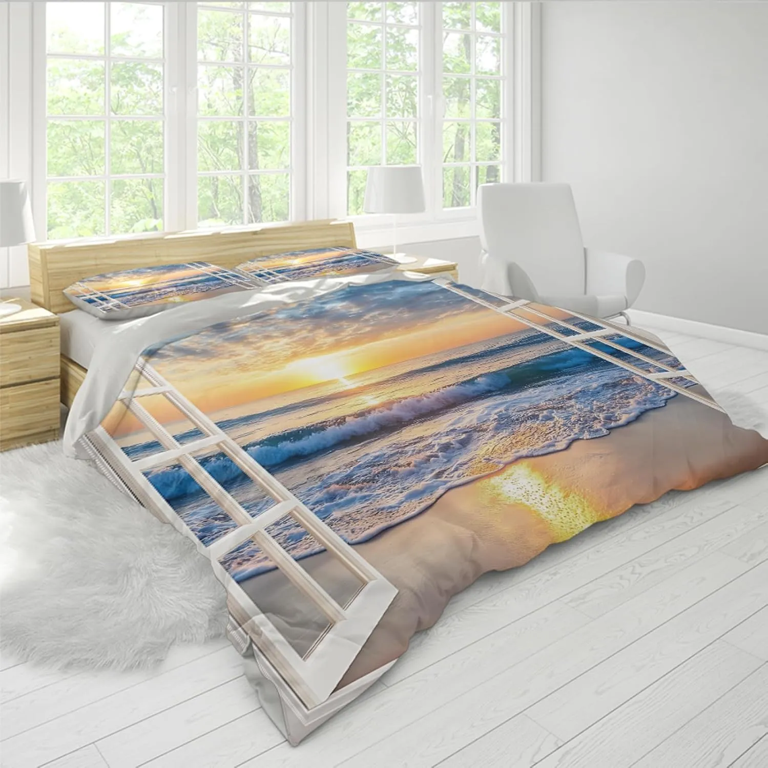 Ocean Duvet Cover Set Sea Sky Sunset Landscape Beach Tropical Exotic Hawaiian Decorative 3 Piece Bedding Set with 2 Pillow Shams California King