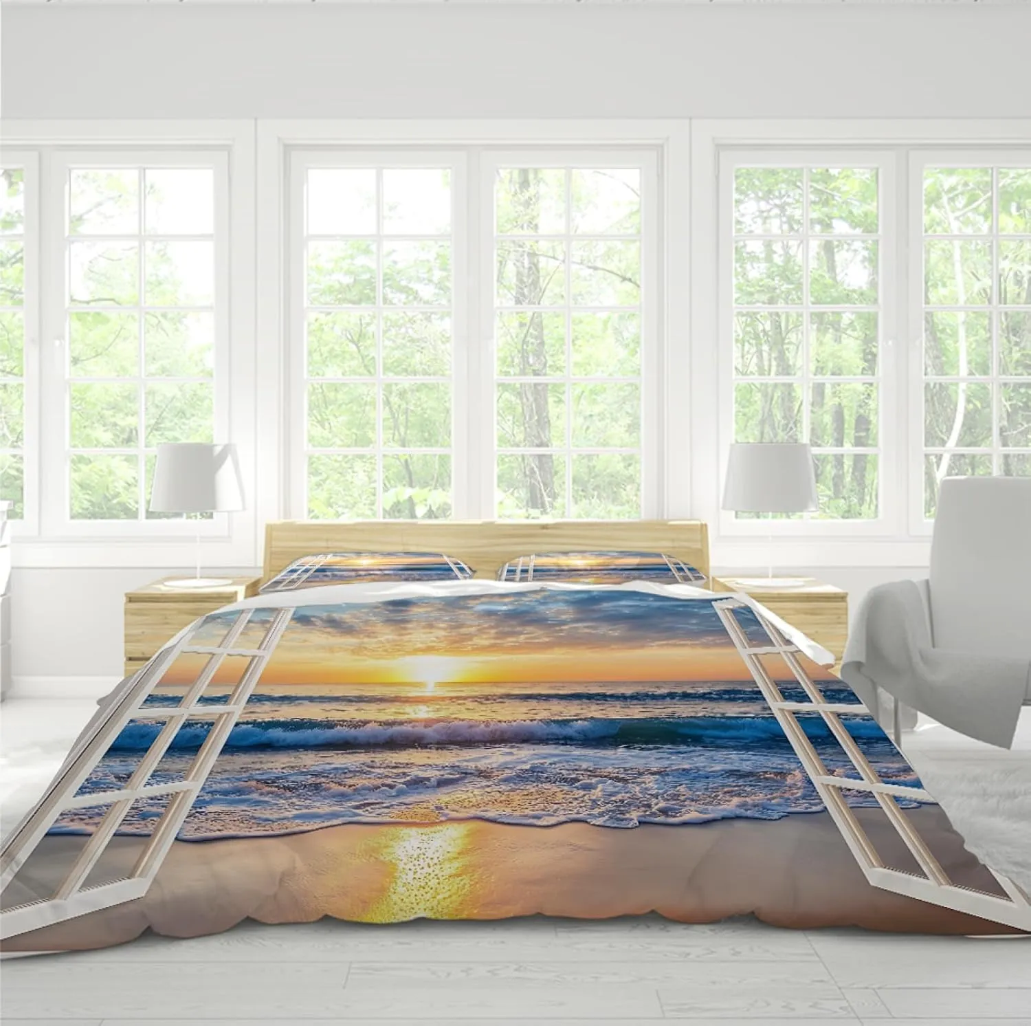 Ocean Duvet Cover Set Sea Sky Sunset Landscape Beach Tropical Exotic Hawaiian Decorative 3 Piece Bedding Set with 2 Pillow Shams California King
