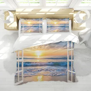 Ocean Duvet Cover Set Sea Sky Sunset Landscape Beach Tropical Exotic Hawaiian Decorative 3 Piece Bedding Set with 2 Pillow Shams California King