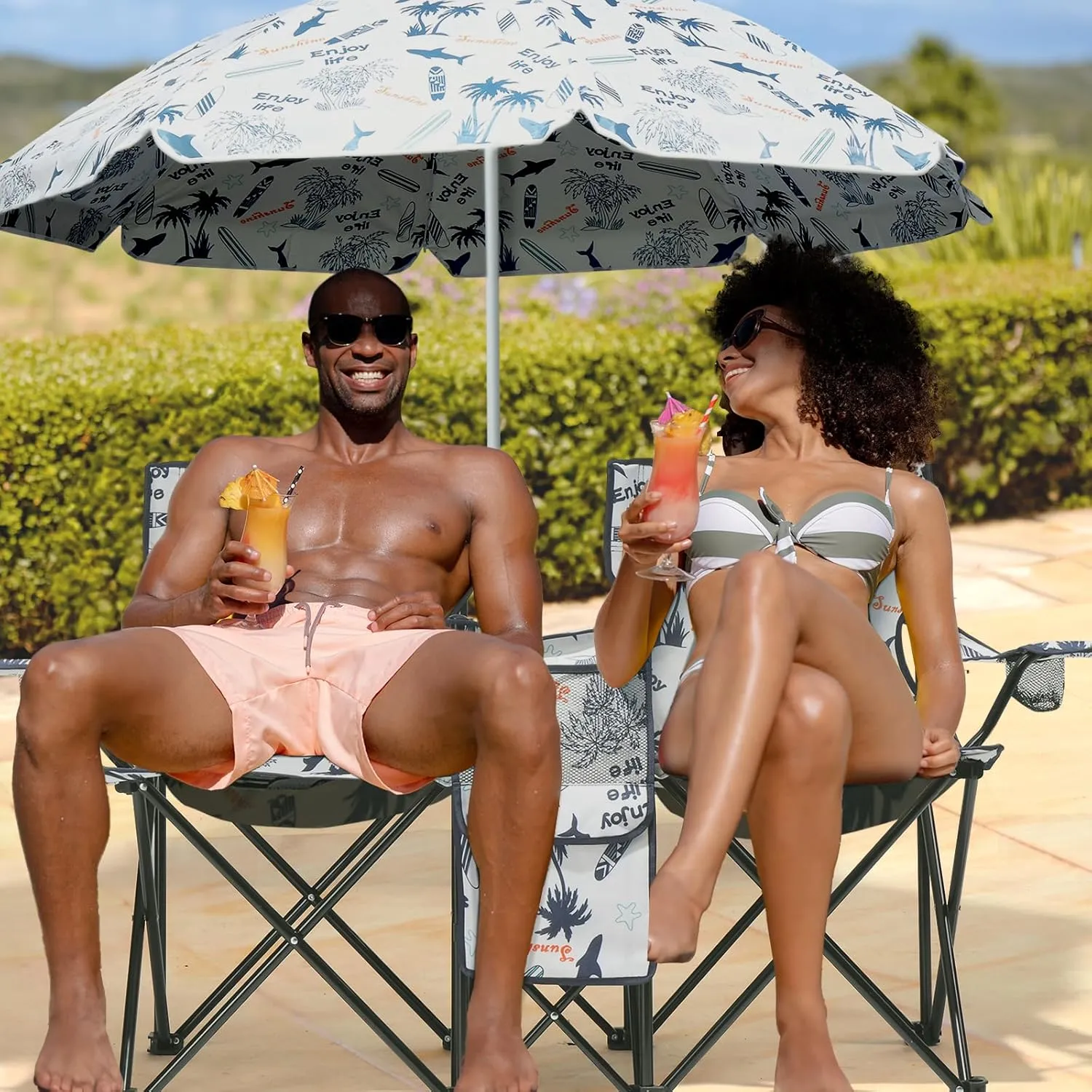 Ochine Double Camping Chair with Umbrella, Folding Loveseat Chairs with Canopy Shade, Table Beverage Holder and Storage Bag, Double Rocker Chair Outdoor for Camping, Beach, Picnic