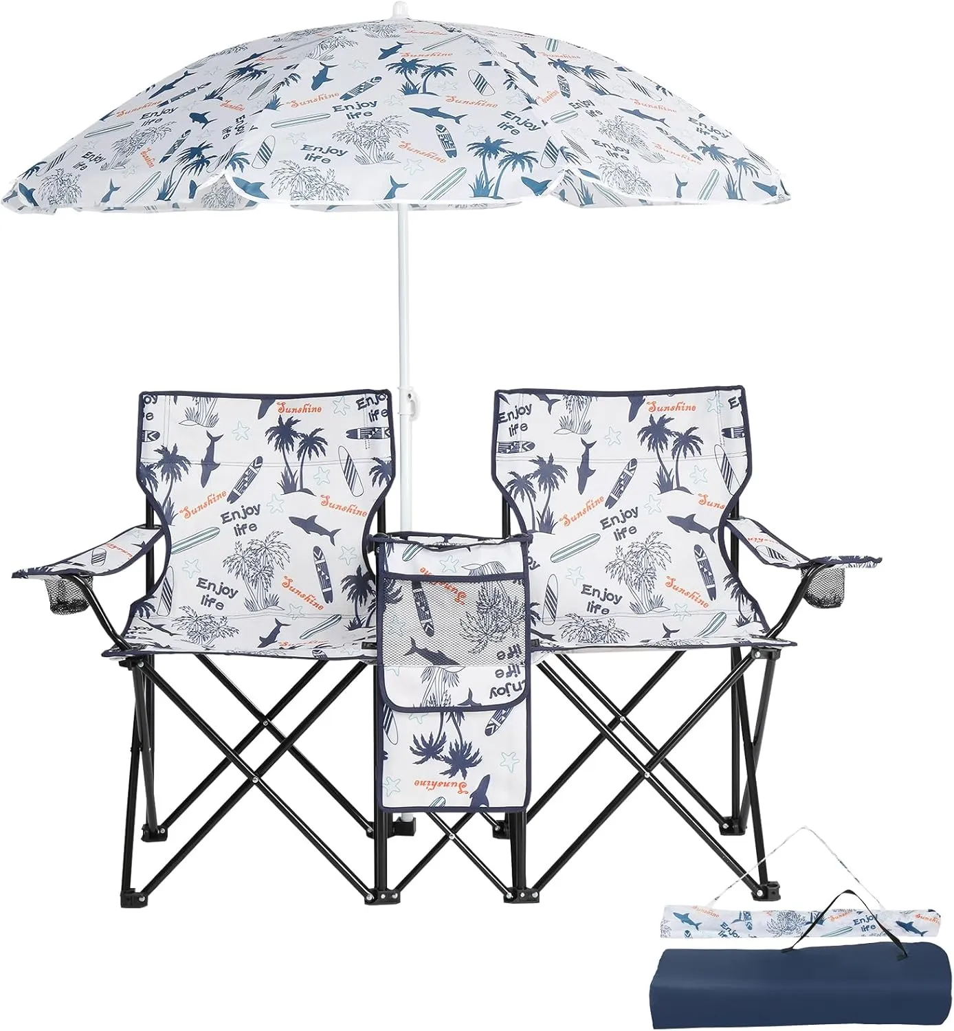 Ochine Double Camping Chair with Umbrella, Folding Loveseat Chairs with Canopy Shade, Table Beverage Holder and Storage Bag, Double Rocker Chair Outdoor for Camping, Beach, Picnic