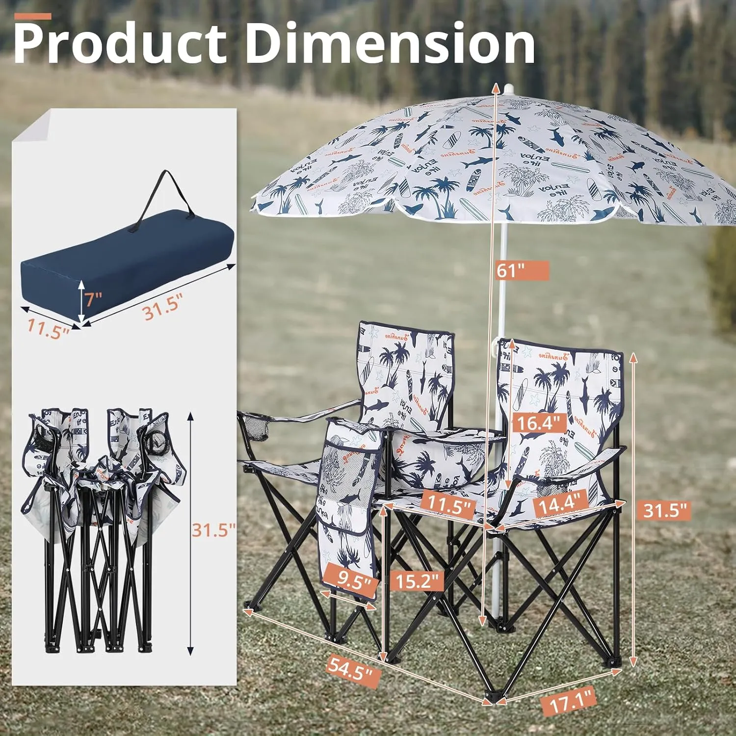 Ochine Double Camping Chair with Umbrella, Folding Loveseat Chairs with Canopy Shade, Table Beverage Holder and Storage Bag, Double Rocker Chair Outdoor for Camping, Beach, Picnic