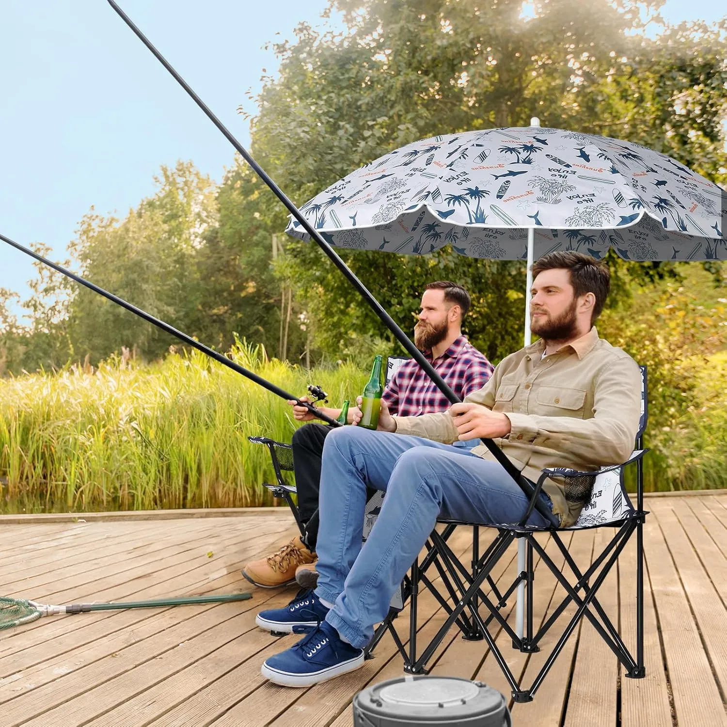 Ochine Double Camping Chair with Umbrella, Folding Loveseat Chairs with Canopy Shade, Table Beverage Holder and Storage Bag, Double Rocker Chair Outdoor for Camping, Beach, Picnic