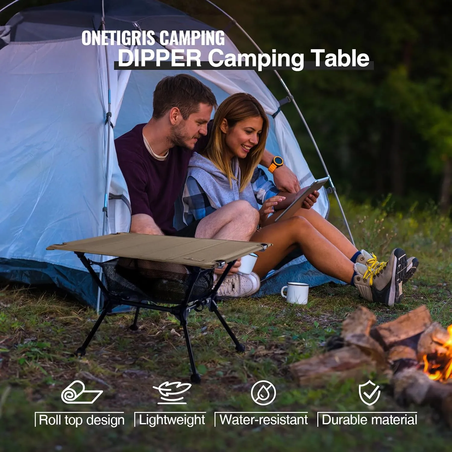 OneTigris Dipper Camping Table, Lightweight Portable Folding Table with Mesh Storage Net, High/Low Options, Ideal for Camping, Hiking, Tailgating, Beach, Picnic, Travel, Backyard