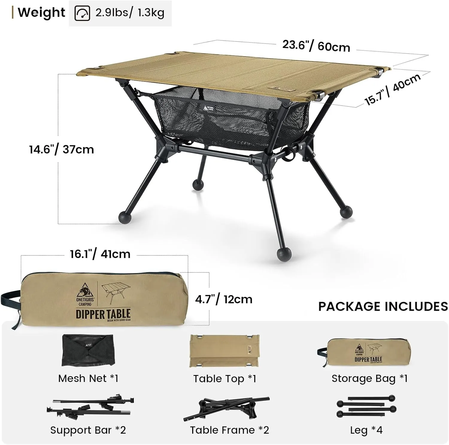 OneTigris Dipper Camping Table, Lightweight Portable Folding Table with Mesh Storage Net, High/Low Options, Ideal for Camping, Hiking, Tailgating, Beach, Picnic, Travel, Backyard
