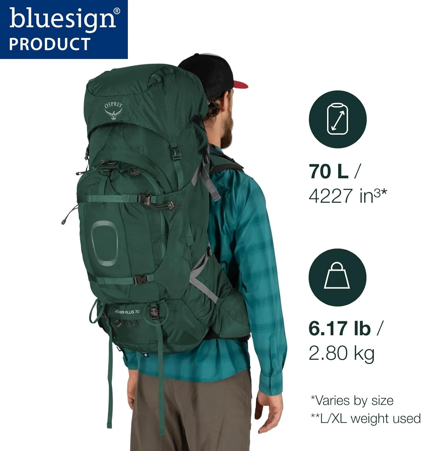 Osprey Aether Plus 70L Men's Backpacking Backpack, Black, L/XL