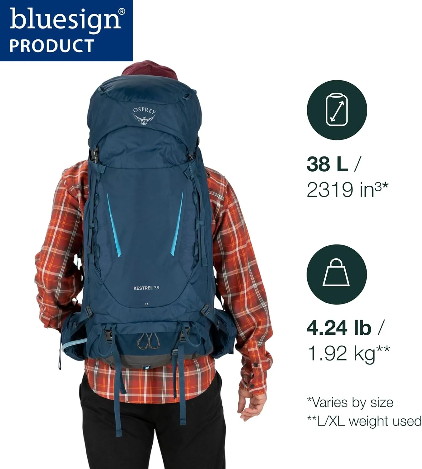 Osprey Kestrel 38L Men's Backpacking Backpack, Black, L/XL